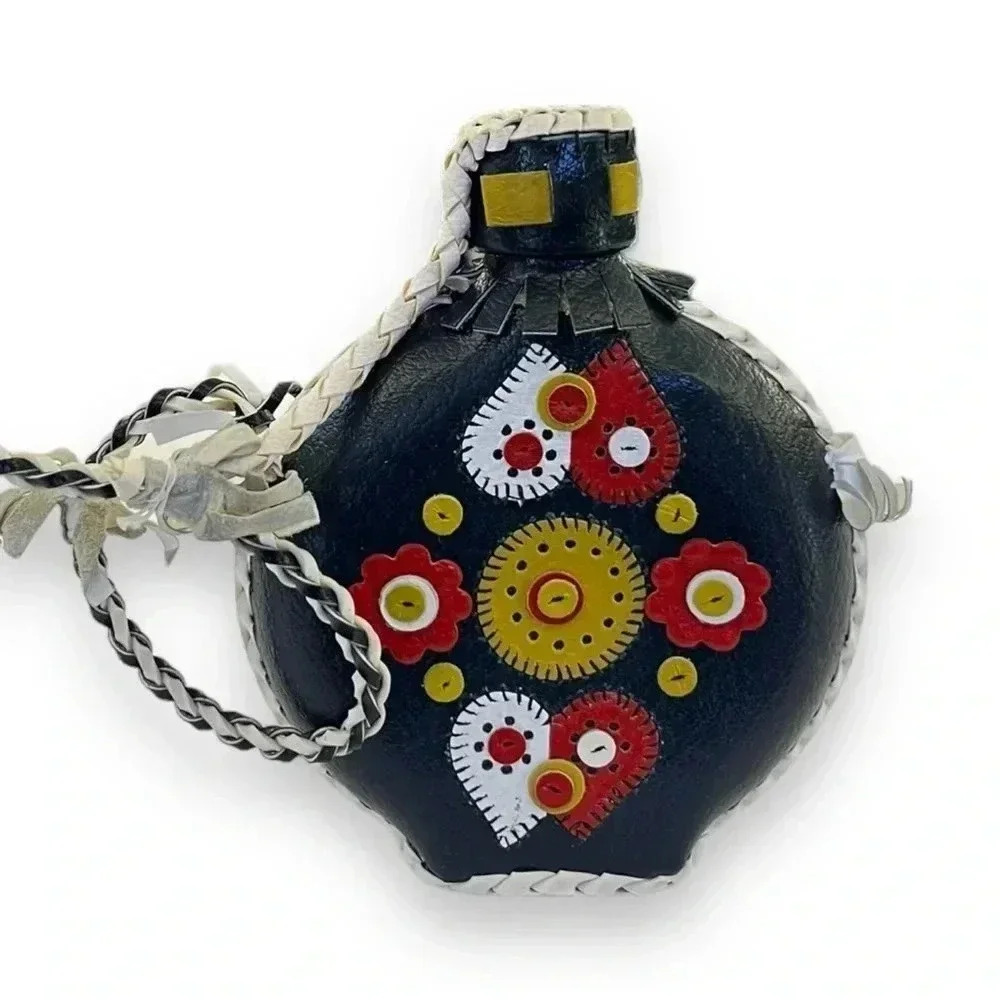 Vintage Folk Art Leather Wrapped Glass Flask - Picture 2 of 6